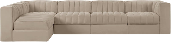 Meridian Furniture Rummi Five Piece Modular Sectional with Channel Tufted Velvet and Stain Resistant Fabric 660Beige-Sec5E