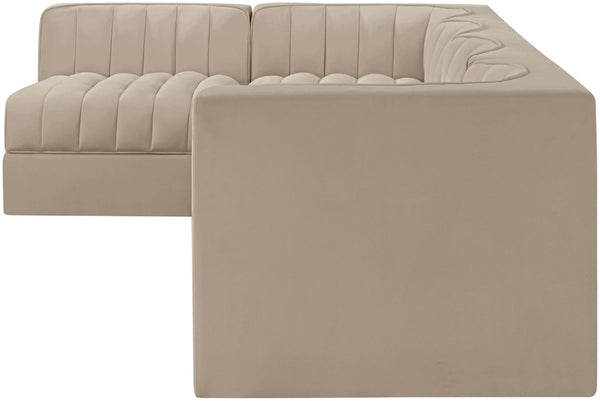 Meridian Furniture Rummi Five Piece Modular Sectional with Channel Tufted Velvet and Stain Resistant Fabric 660Beige-Sec5E
