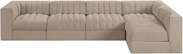 Meridian Furniture Rummi Five Piece Modular Sectional with Channel Tufted Velvet and Stain Resistant Fabric 660Beige-Sec5E