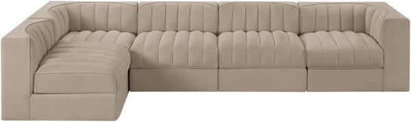 Meridian Furniture Rummi Five Piece Modular Sectional with Channel Tufted Velvet and Stain Resistant Fabric 660Beige-Sec5E
