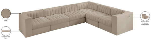 Meridian Furniture Rummi Six Piece Modular Sectional with Channel Tufting and Performance Velvet Upholstery 660Beige-Sec6D