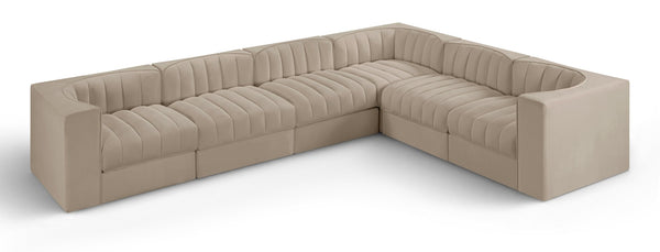 Meridian Furniture Rummi Six Piece Modular Sectional with Channel Tufting and Performance Velvet Upholstery 660Beige-Sec6D