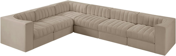 Meridian Furniture Rummi Six Piece Modular Sectional with Channel Tufting and Performance Velvet Upholstery 660Beige-Sec6D