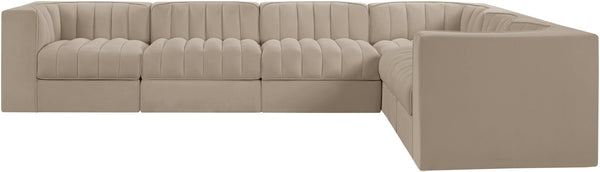 Meridian Furniture Rummi Six Piece Modular Sectional with Channel Tufting and Performance Velvet Upholstery 660Beige-Sec6D