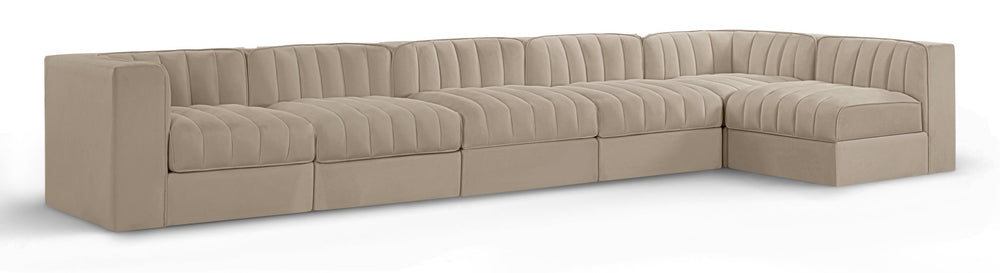 Meridian Furniture Rummi Six Piece Modular Sectional with Channel Tufting and Plush Velvet Upholstery 660Beige-Sec6E