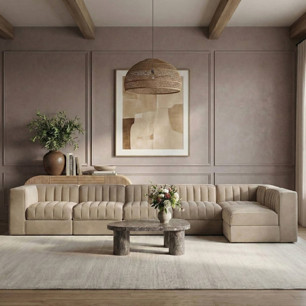 Meridian Furniture Rummi Six Piece Modular Sectional with Channel Tufting and Plush Velvet Upholstery 660Beige-Sec6E