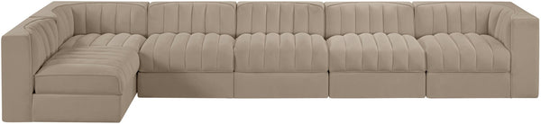 Meridian Furniture Rummi Six Piece Modular Sectional with Channel Tufting and Plush Velvet Upholstery 660Beige-Sec6E