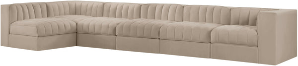 Meridian Furniture Rummi Six Piece Modular Sectional with Channel Tufting and Plush Velvet Upholstery 660Beige-Sec6E