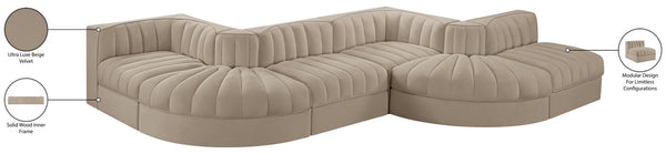 Meridian Furniture Rummi Six Piece Modular Sectional with Channel Tufting and Velvet Performance Fabric 660Beige-Sec6F
