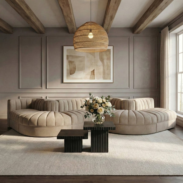 Meridian Furniture Rummi Six Piece Modular Sectional with Channel Tufting and Velvet Performance Fabric 660Beige-Sec6F