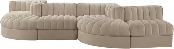 Meridian Furniture Rummi Six Piece Modular Sectional with Channel Tufting and Velvet Performance Fabric 660Beige-Sec6F