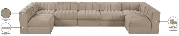 Meridian Furniture Rummi 7 Piece Velvet Modular Sectional with Channel Tufting for Modern Living Rooms 660Beige-Sec7B