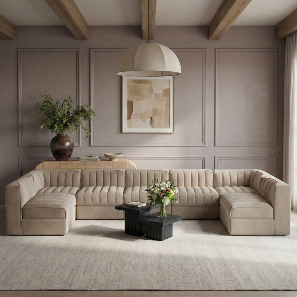 Meridian Furniture Rummi 7 Piece Velvet Modular Sectional with Channel Tufting for Modern Living Rooms 660Beige-Sec7B