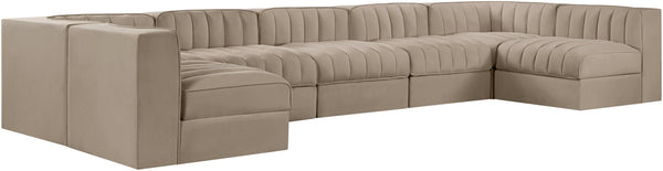 Meridian Furniture Rummi 7 Piece Velvet Modular Sectional with Channel Tufting for Modern Living Rooms 660Beige-Sec7B