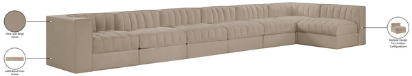 Meridian Furniture Rummi Seven Piece Modular Sectional Beige Velvet Channel Tufted Low Profile Sofa 660Beige-Sec7D