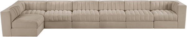 Meridian Furniture Rummi Seven Piece Modular Sectional Beige Velvet Channel Tufted Low Profile Sofa 660Beige-Sec7D
