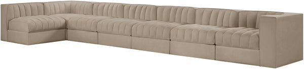 Meridian Furniture Rummi Seven Piece Modular Sectional Beige Velvet Channel Tufted Low Profile Sofa 660Beige-Sec7D