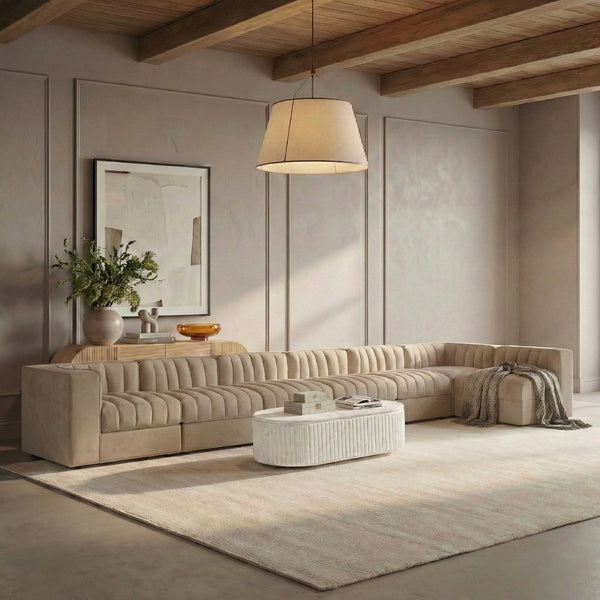 Meridian Furniture Rummi Seven Piece Modular Sectional Beige Velvet Channel Tufted Low Profile Sofa 660Beige-Sec7D