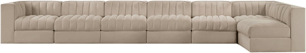 Meridian Furniture Rummi Seven Piece Modular Sectional Beige Velvet Channel Tufted Low Profile Sofa 660Beige-Sec7D