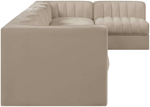 Meridian Furniture Rummi Seven Piece Modular Sectional Beige Velvet Channel Tufted Low Profile Sofa 660Beige-Sec7D