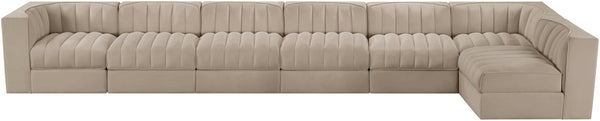 Meridian Furniture Rummi Seven Piece Modular Sectional Beige Velvet Channel Tufted Low Profile Sofa 660Beige-Sec7D