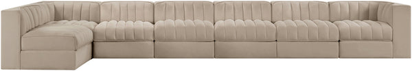 Meridian Furniture Rummi Seven Piece Modular Sectional Beige Velvet Channel Tufted Low Profile Sofa 660Beige-Sec7D