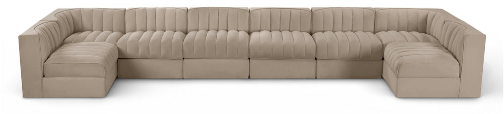 Meridian Furniture Rummi Eight Piece Modular Sectional Beige Performance Velvet Channel Tufted Sofa 660Beige-Sec8A