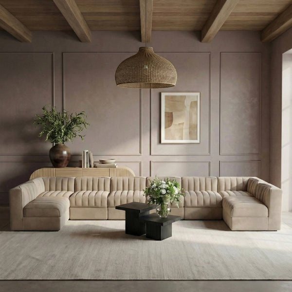 Meridian Furniture Rummi Eight Piece Modular Sectional Beige Performance Velvet Channel Tufted Sofa 660Beige-Sec8A