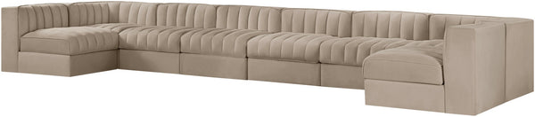 Meridian Furniture Rummi Eight Piece Modular Sectional Beige Performance Velvet Channel Tufted Sofa 660Beige-Sec8A