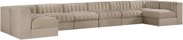 Meridian Furniture Rummi Eight Piece Modular Sectional Beige Performance Velvet Channel Tufted Sofa 660Beige-Sec8A