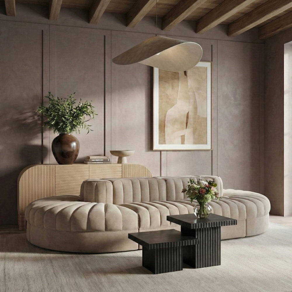 Meridian Furniture Rummi 8 Piece Modular Sectional Beige Velvet Channel Tufted Low Profile Living Room 660Beige-Sec8B