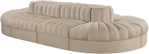 Meridian Furniture Rummi 8 Piece Modular Sectional Beige Velvet Channel Tufted Low Profile Living Room 660Beige-Sec8B