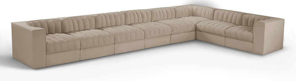 Meridian Furniture Rummi Eight Piece Modular Sectional with Channel Tufting and Velvet Performance Upholstery 660Beige-Sec8C