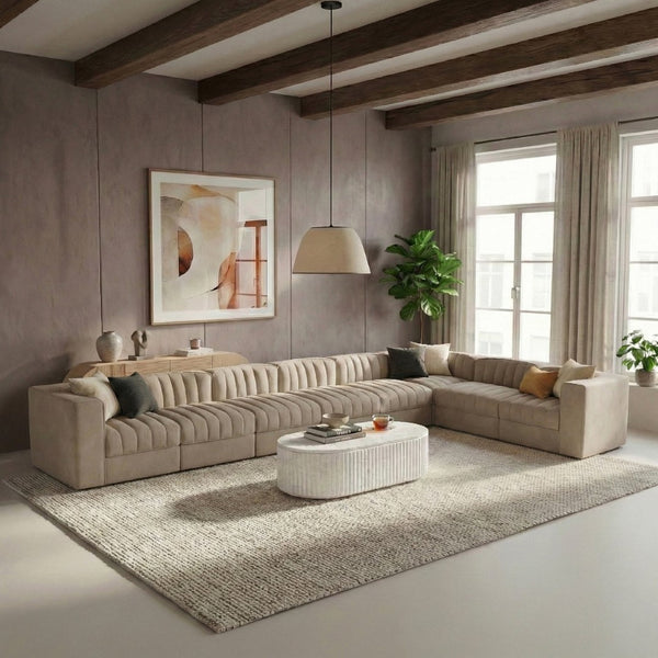Meridian Furniture Rummi Eight Piece Modular Sectional with Channel Tufting and Velvet Performance Upholstery 660Beige-Sec8C