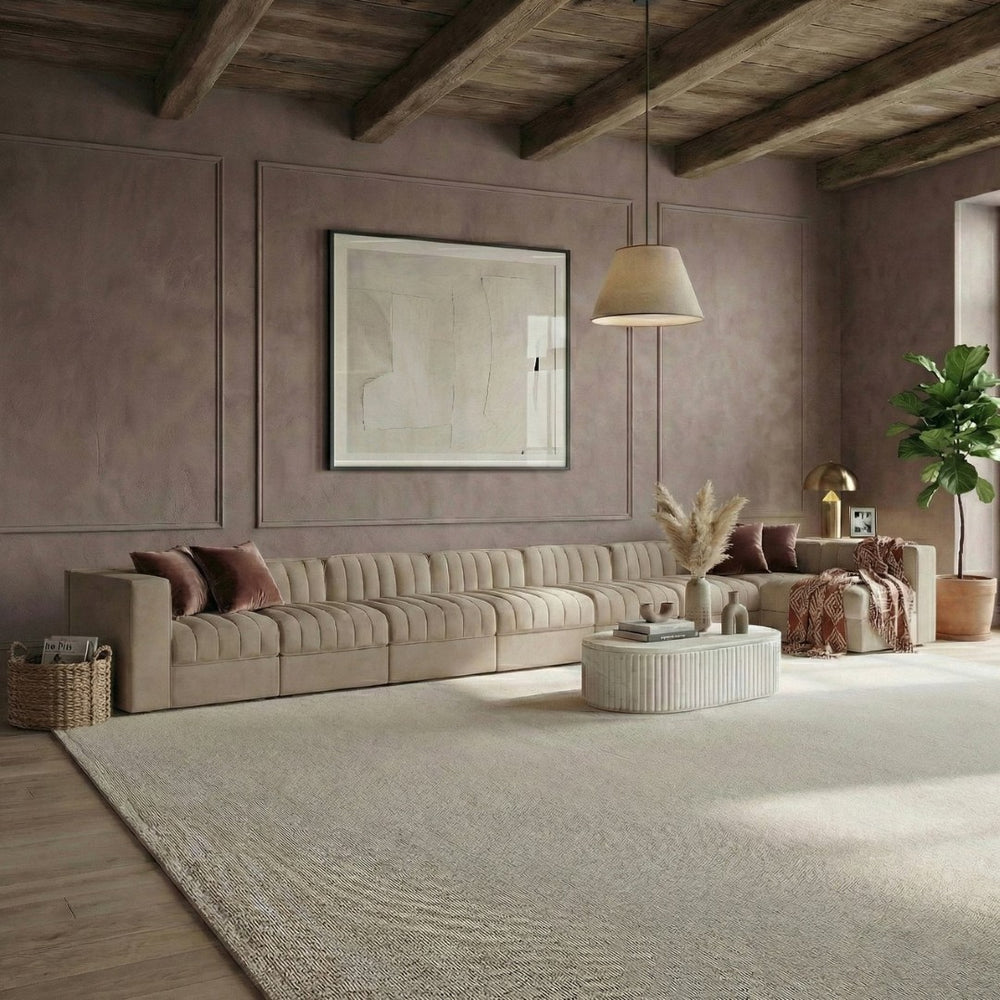 Meridian Furniture Rummi 8 Piece Modular Sectional Velvet Performance Fabric with Channel Tufting 660Beige-Sec8D