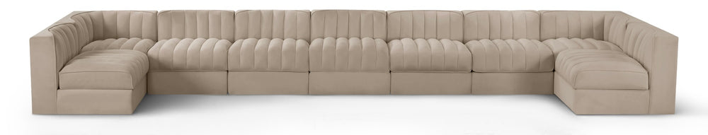 Meridian Furniture Rummi 9 Piece Modular Sectional Beige Velvet Channel Tufted Living Room Sofa Set 660Beige-Sec9A
