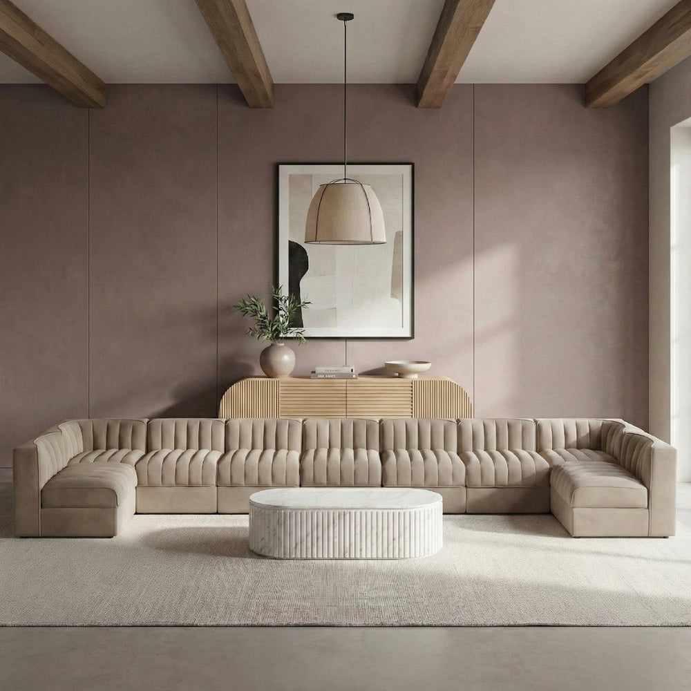 Meridian Furniture Rummi 9 Piece Modular Sectional Beige Velvet Channel Tufted Living Room Sofa Set 660Beige-Sec9A