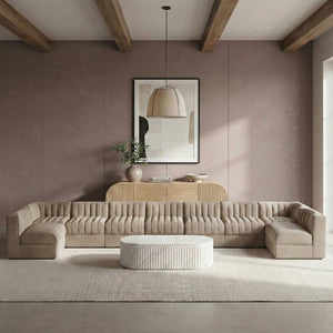 Meridian Furniture Rummi 9 Piece Modular Sectional Beige Velvet Channel Tufted Living Room Sofa Set 660Beige-Sec9A