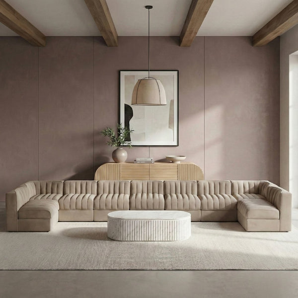 Meridian Furniture Rummi 9 Piece Modular Sectional Beige Velvet Channel Tufted Living Room Sofa Set 660Beige-Sec9A