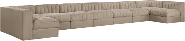Meridian Furniture Rummi 9 Piece Modular Sectional Beige Velvet Channel Tufted Living Room Sofa Set 660Beige-Sec9A
