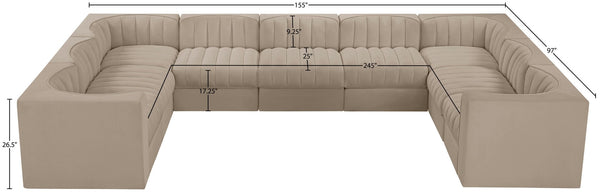 Meridian Furniture Rummi Nine Piece Modular Sectional Channel Tufted Velvet Sofa for Open Living Rooms 660Beige-Sec9B