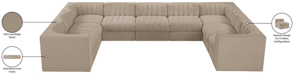 Meridian Furniture Rummi Nine Piece Modular Sectional Channel Tufted Velvet Sofa for Open Living Rooms 660Beige-Sec9B