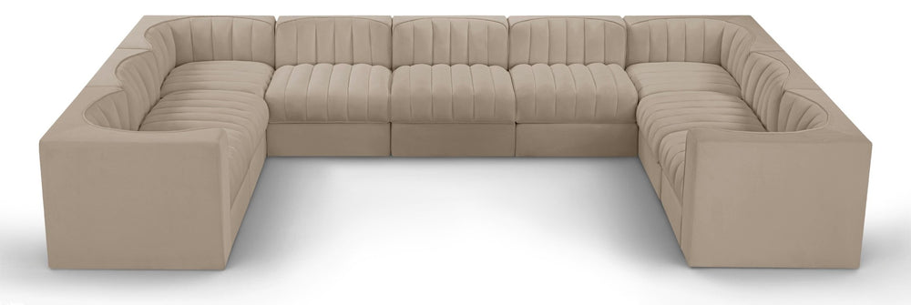 Meridian Furniture Rummi Nine Piece Modular Sectional Channel Tufted Velvet Sofa for Open Living Rooms 660Beige-Sec9B