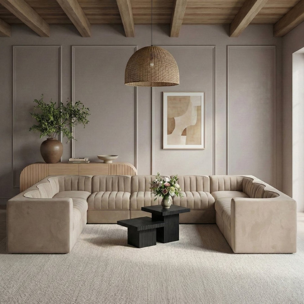 Meridian Furniture Rummi Nine Piece Modular Sectional Channel Tufted Velvet Sofa for Open Living Rooms 660Beige-Sec9B