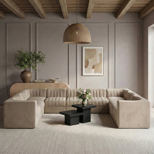 Meridian Furniture Rummi Nine Piece Modular Sectional Channel Tufted Velvet Sofa for Open Living Rooms 660Beige-Sec9B