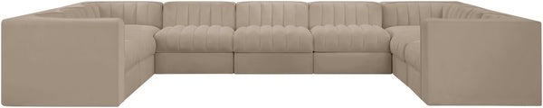 Meridian Furniture Rummi Nine Piece Modular Sectional Channel Tufted Velvet Sofa for Open Living Rooms 660Beige-Sec9B