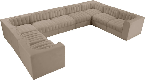 Meridian Furniture Rummi Nine Piece Modular Sectional Channel Tufted Velvet Sofa for Open Living Rooms 660Beige-Sec9B