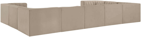 Meridian Furniture Rummi Nine Piece Modular Sectional Channel Tufted Velvet Sofa for Open Living Rooms 660Beige-Sec9B