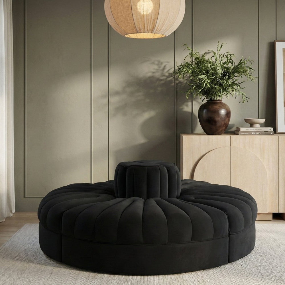 Meridian Furniture Rummi Four Piece Modular Sofa in Channel Tufted Black Velvet Performance Fabric 660Black-4RC