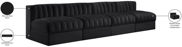 Meridian Furniture Rummi Four Piece Channel Tufted Modular Sofa in Black Performance Velvet Fabric 660Black-S116